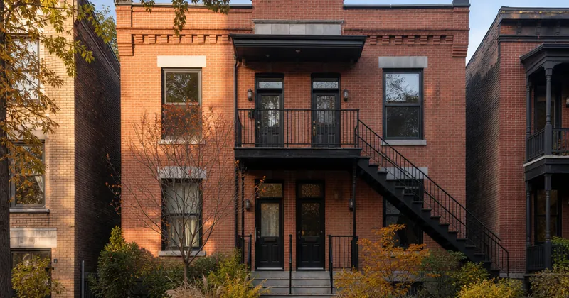 Façade d'un duplex montréalais en brique, démo immobilière